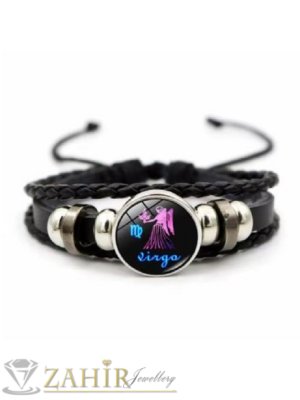 Гривна талисман със ЗОДИЯ ДЕВА с плочка 2 см и черна  ест. кожа, регулируема дължина, метални рингове - ZG1155